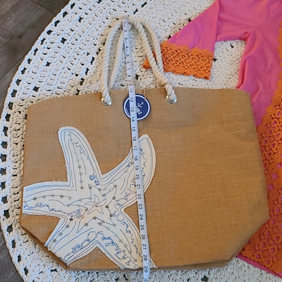 SALE NWOT LG BLUE WHITE STARFISH BEACH BURLAP BAG - Picture 6 of 16